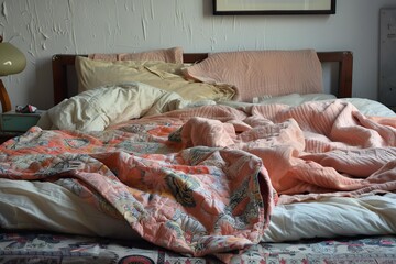 Unmade bed with peach colored blankets and floral comforter in bedroom
