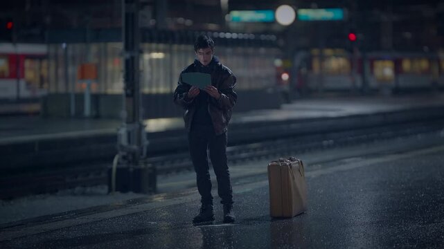 A traveler reads a map in a train station at night, expressing solitude and adventure