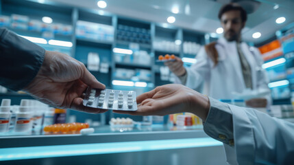 A pharmacist presents a package of various blisters with tablets to a buyer at a pharmacy. Prescription for medicine.