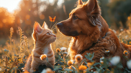 A cute kitten and an adult dog lie in the grass and watch butterflies in the garden among the flowers against the backdrop of the sunset. Background for design.