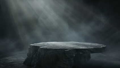 Stone podium for product presentation on dark background with fog and cliffs black dark smoke background product platform spotlight. dramatic table concrete wall scene place display studio smoky dust
