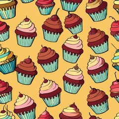 Seamless pattern of cupcakes with chocolate drizzle, Generative AI
