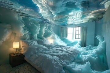 Surreal interior design with a bedroom being flooded with fluffy clouds and an upside down ocean view reflecting on the ceiling