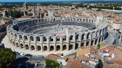 Roman amphitheater in Arles, a picturesque town located on the Rhone river in the Provence region, southern France. City rich in Roman history, attracts tourists traveling to admire european wonders.