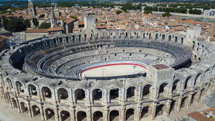 Roman amphitheater in Arles, a picturesque town located on the Rhone river in the Provence region, southern France. City rich in Roman history, attracts tourists traveling to admire european wonders.