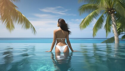 portrait of a woman in white swimsuit in the infinity pool on the beach