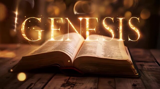 Open Bible with Glowing "GENESIS" Text - Symbol of Biblical Beginnings and Creation