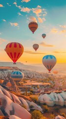 Obraz premium Breathtaking Sunrise Landscape with Hot Air Balloons: Inspiring Natural Tourism Destination Showcasing Vibrant Sky, Scenic Beauty, and Adventure Travel. Panoramic View of Serene Countryside for Wander