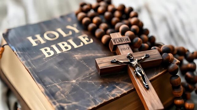 Holy Bible with Wooden Crucifix and Rosary Beads on a Table - Christian Symbols of Faith and Devotion