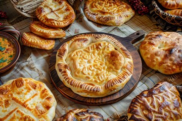 Georgian Food, Adjarian Khachapuri Dishes Set, Kutabs, Chebureks on Rustic Tablecloth Burlap Background