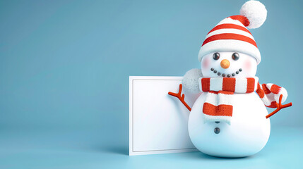 Fototapeta premium A happy snowman wearing a striped hat and scarf holds a large blank banner on a light blue background