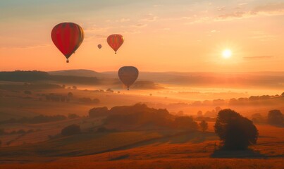 Fototapeta premium Breathtaking Sunrise Landscape with Hot Air Balloons: Inspiring Natural Tourism Destination Showcasing Vibrant Sky, Scenic Beauty, and Adventure Travel. Panoramic View of Serene Countryside for Wander