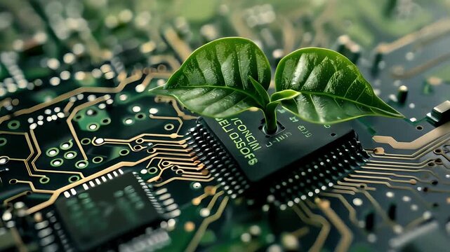 Green Technology Concept : Plant Growing on Microchip Circuit Board Representing Eco-Friendly Innovations