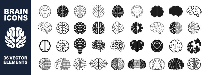 Brain icons set. Brain icons collection contains mind, cognition, thinking and Ai.