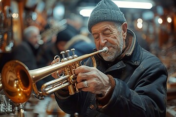 Obraz premium older gentleman playing trumpet in winter, wearing gloves and hat