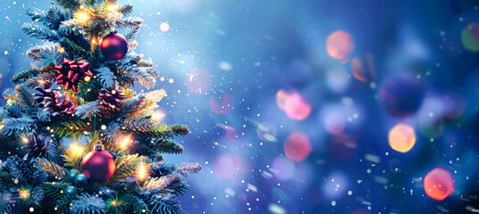 A close-up of a Christmas tree adorned with ornaments and lights, set against a dreamy blue sky with bokeh lights and falling snow