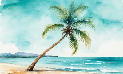 Watercolor painting of a palm tree on a tropical beach