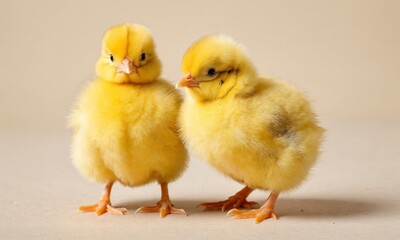 Obraz premium Two yellow chicks standing on a beige background