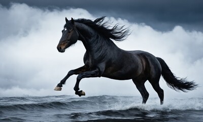 Black horse leaping through ocean waves