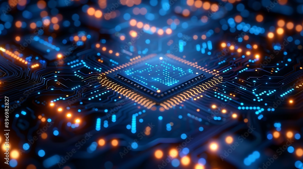 Aufkleber close-up of a high-tech circuit board with glowing components and intricate patterns for technology 