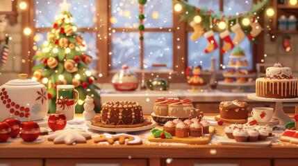 Naklejka premium Festive holiday display with decorated cakes, cookies, and a Christmas tree in a cozy kitchen setting