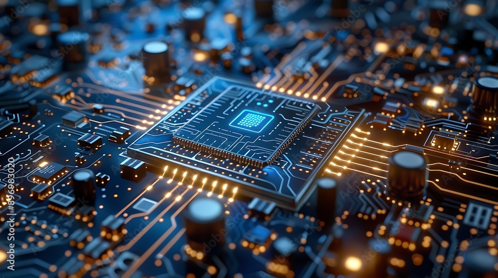 Aufkleber close-up of a high-tech circuit board with glowing components and intricate patterns for technology 