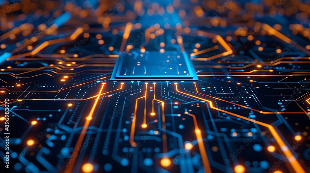 Aufkleber close-up of a high-tech circuit board with glowing components and intricate patterns for technology 