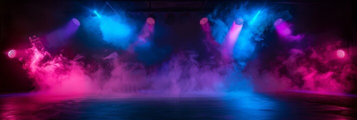 Empty dark stage, neon spotlights, smoke texture background, fog stage interior, showroom