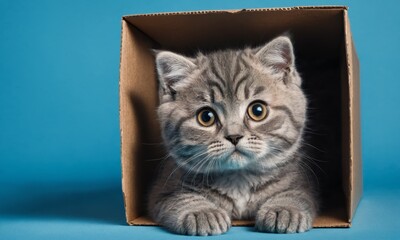 Gray kitten inside cardboard box on blue background