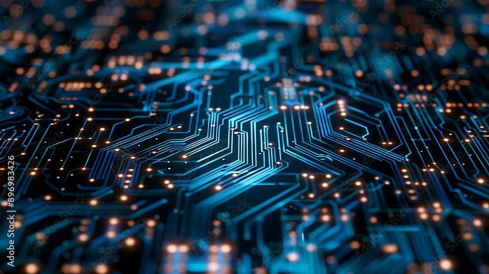 Aufkleber close-up of a high-tech circuit board with glowing components and intricate patterns for technology 