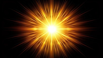 Bright warm sun rays burst forth from a dark center, radiating outward in feathery tendrils, isolated on a pure black background for design overlay usage.