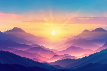 Fototapeta premium Sunrise Landscape Flat Illustration, Color Dawn in Mountains, Sunset Sun Beams Landscape