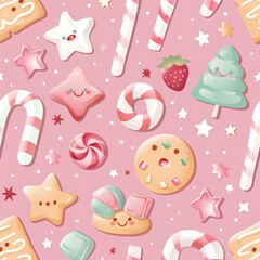 Cute pastel kawaii candy and sweets pattern with stars, candies, lollipops and cookies in a pink background for fabric or wallpaper