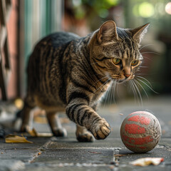 a close up cat playing with a ball in the patio.
