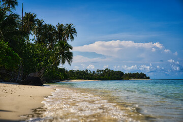Untouched beautiful beach of Sikandang Island in Sumatra, where pristine sandy beaches meet crystal clear waters, framed by lush palm trees under a vibrant blue sky.