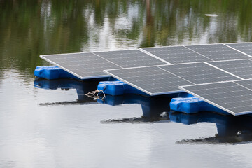 Floating Solar Panel. Solar photovoltaic panel PV System in Industry lake water pond. Saving Energy...