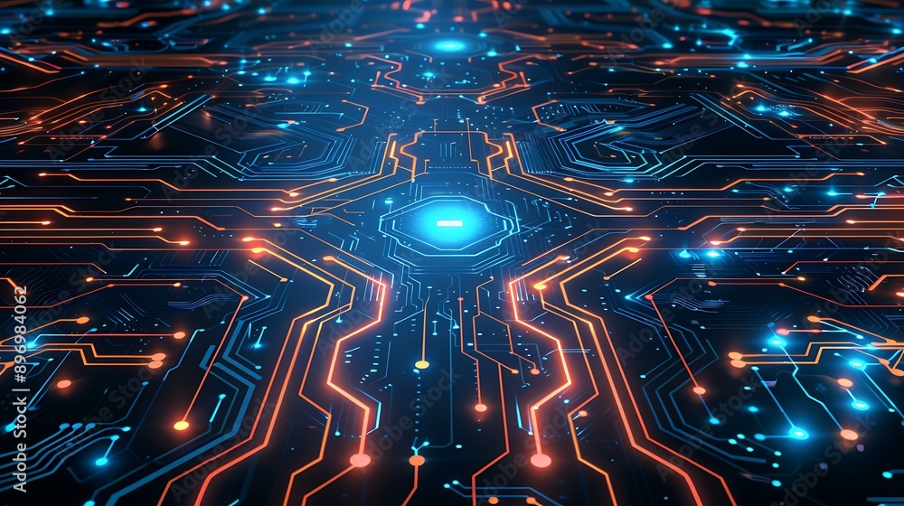 Aufkleber close-up of a high-tech circuit board with glowing components and intricate patterns for technology 