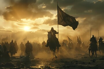 Silhouettes of Medieval Knights Riding into Battle at Sunset.