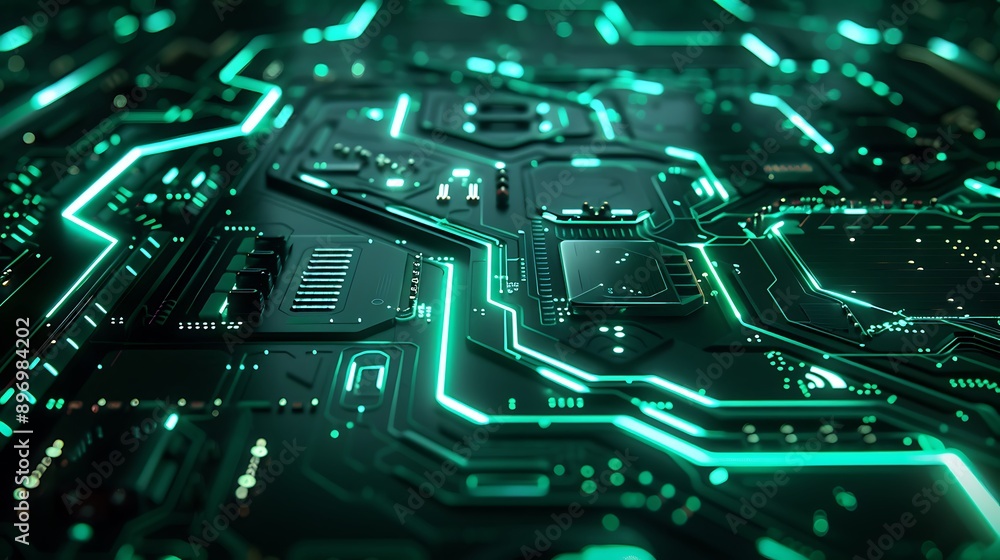 Aufkleber close-up of a high-tech circuit board with glowing components and intricate patterns for technology 