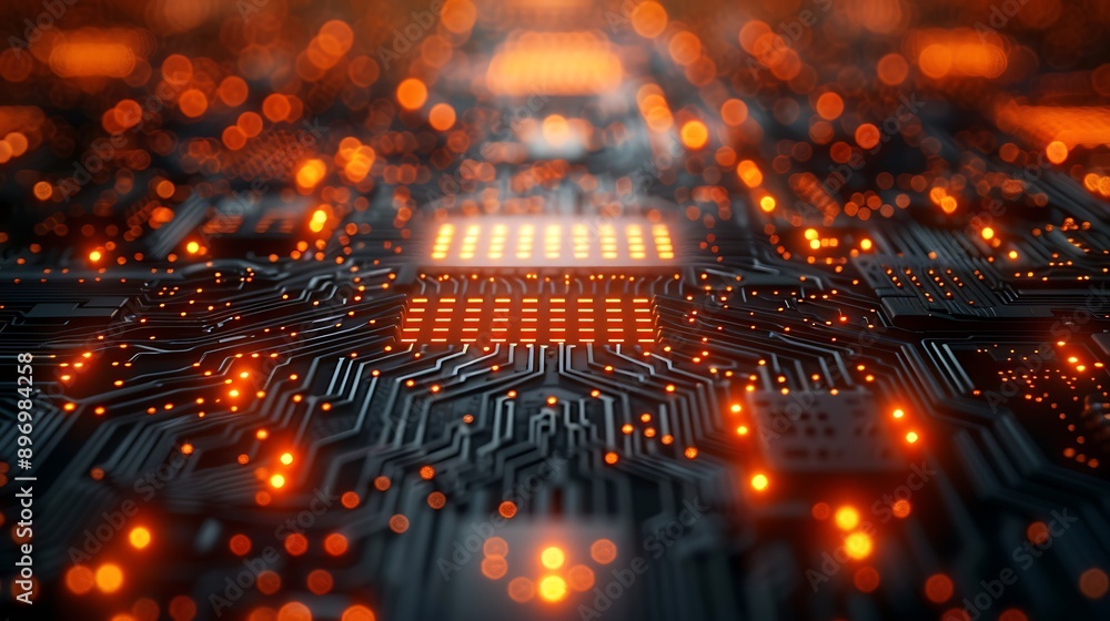Aufkleber close-up of a high-tech circuit board with glowing components and intricate patterns for technology 