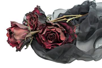 Broken Heart Symbolism: Roses on Black Cloth, Isolated on White Background