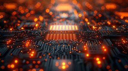 Close-Up of a High-Tech Circuit Board with Glowing Components and Intricate Patterns for Technology Enthusiasts