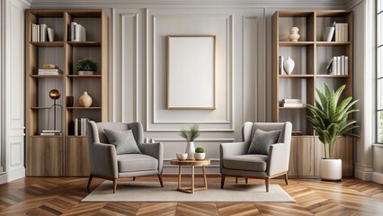 Elegant interior space with white walls, wooden floor, two plush armchairs, and a stylish bookcase featuring gray and wood tones, alongside a vertical fake poster frame.