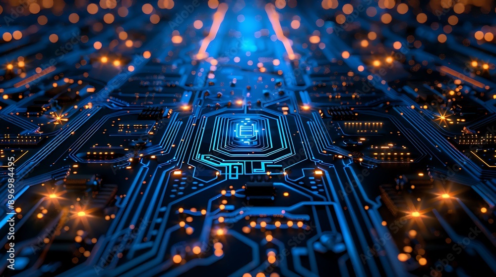 Aufkleber close-up of a high-tech circuit board with glowing components and intricate patterns for technology 