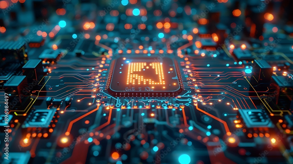 Aufkleber close-up of a high-tech circuit board with glowing components and intricate patterns for technology 