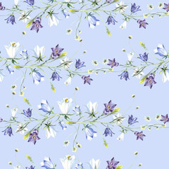 Campanula, soft lilac, white, blue bells, flowers, gentle leaves, spring summer floral elements seamless pattern  on a blue background. Stock illustration. Hand painted in watercolor.