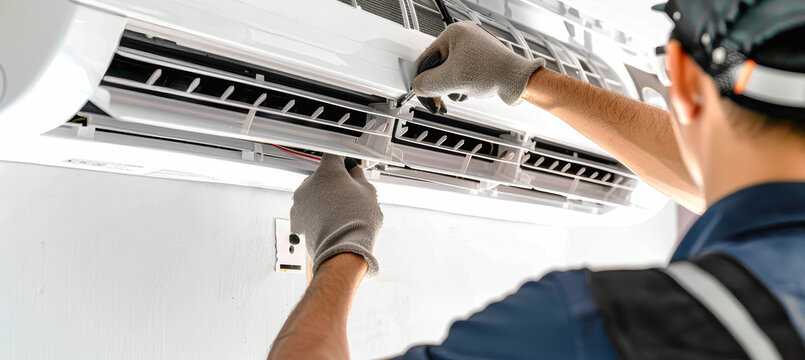 A technician, wearing gloves, works on the inside of an air conditioning unit mounted on a white wall
