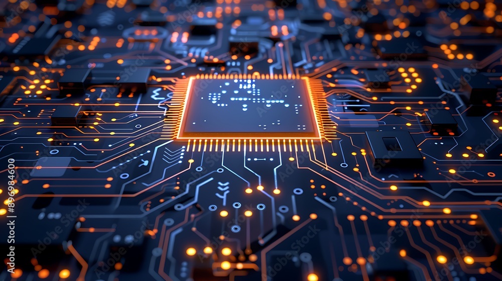 Aufkleber close-up of a high-tech circuit board with glowing components and intricate patterns for technology 
