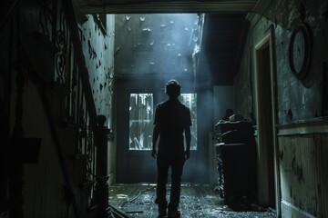 Man Standing in a Smoke Filled Hallway.