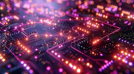 Close-Up of a High-Tech Circuit Board with Glowing Components and Intricate Patterns for Technology Enthusiasts